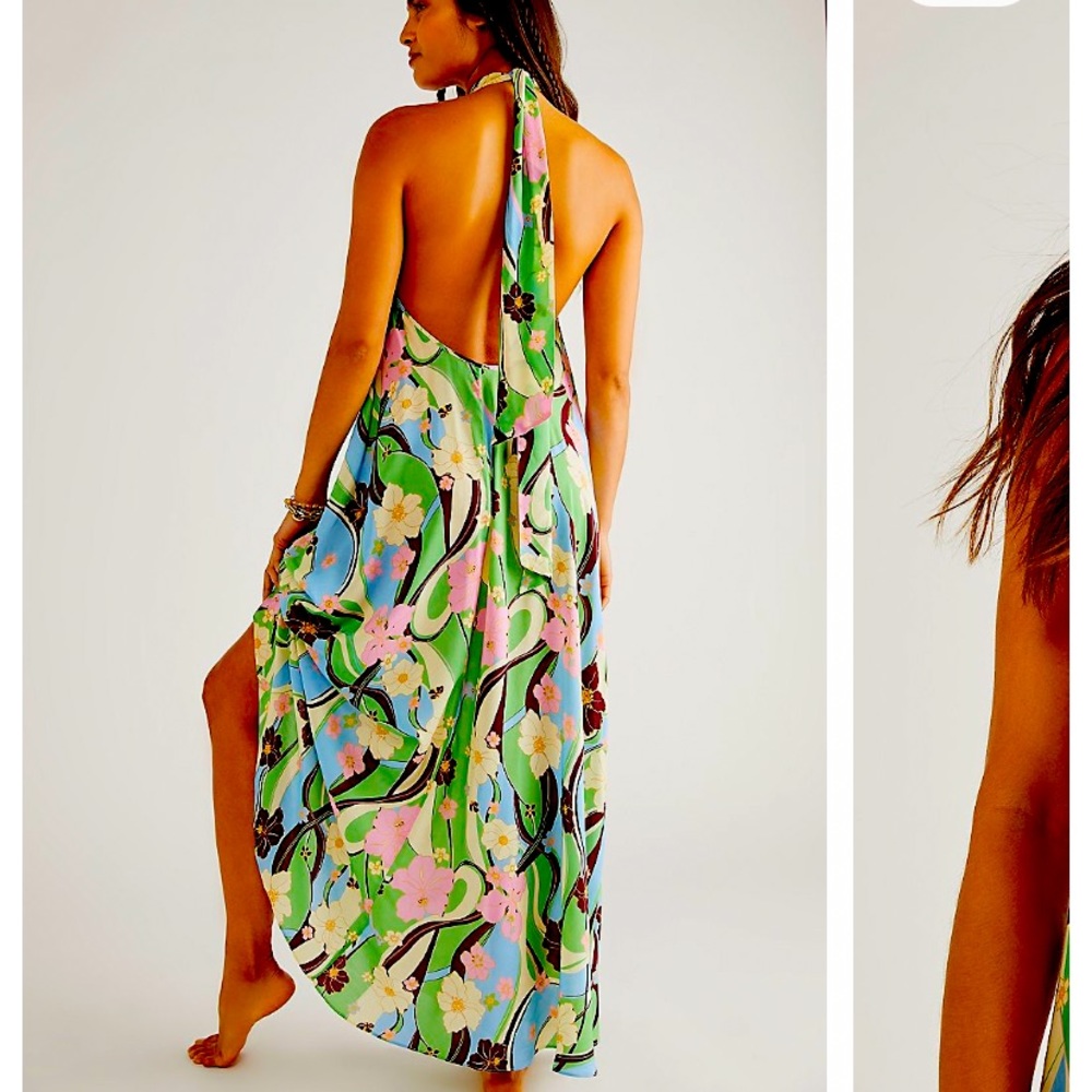 RIXO JORDYN DRESS MAXI HALTER EXPOSED BACK IN TROPICAL HIBISCUS WAVE XS